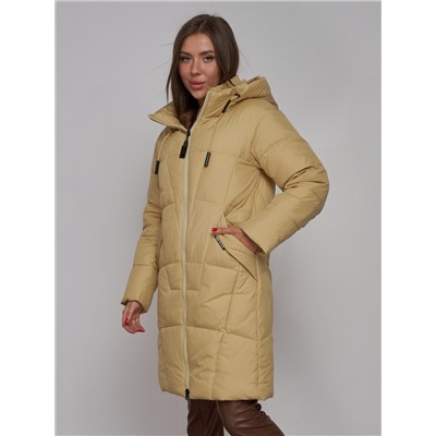 Пальто утепленное молодежное зимнее женское горчичного цвета 586826G