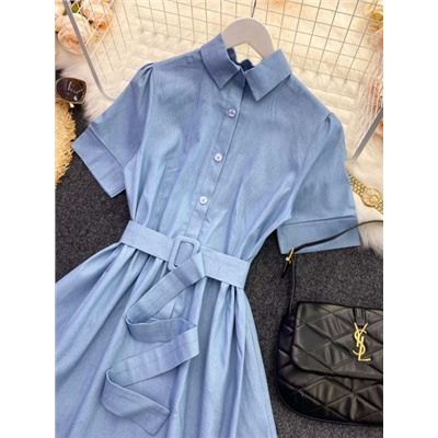 Платье рубашка Size Plus длинное голубое с ремнем 02.24 M29