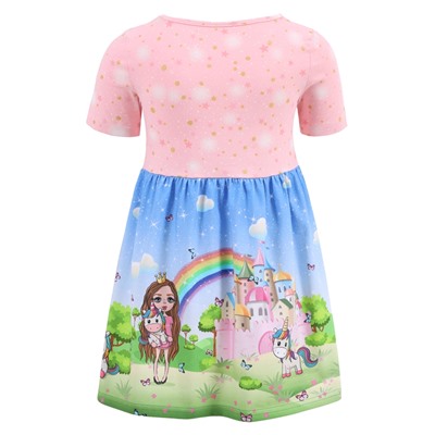 платье 1ДПК3998804нгя; звездное небо на розовом с глиттером+единороги и принцесса
