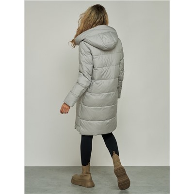 Пальто утепленное с капюшоном зимнее женское серого цвета 13332Sr