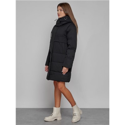 Пальто утепленное с капюшоном зимнее женское черного цвета 52426Ch