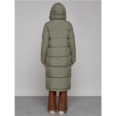 Пальто утепленное с капюшоном зимнее женское зеленого цвета 133159Z