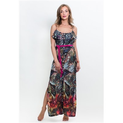 8132 Платье длинное на пуговицах с поясом "Тропические цветы" разноцветный